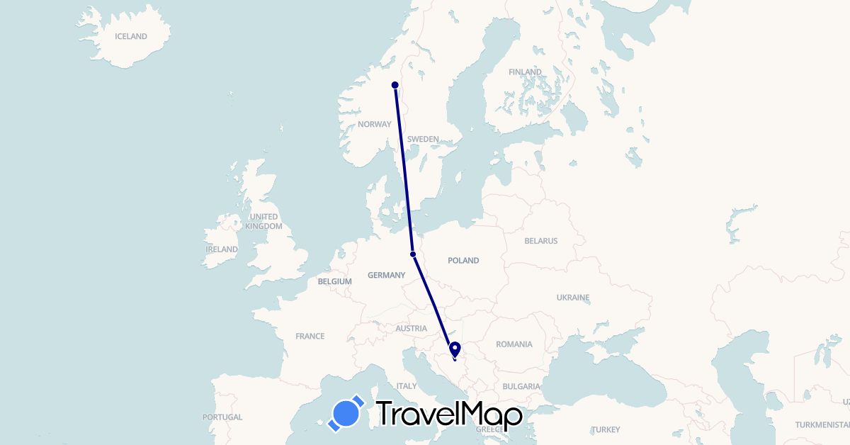 TravelMap itinerary: driving in Bosnia and Herzegovina, Germany, Norway (Europe)